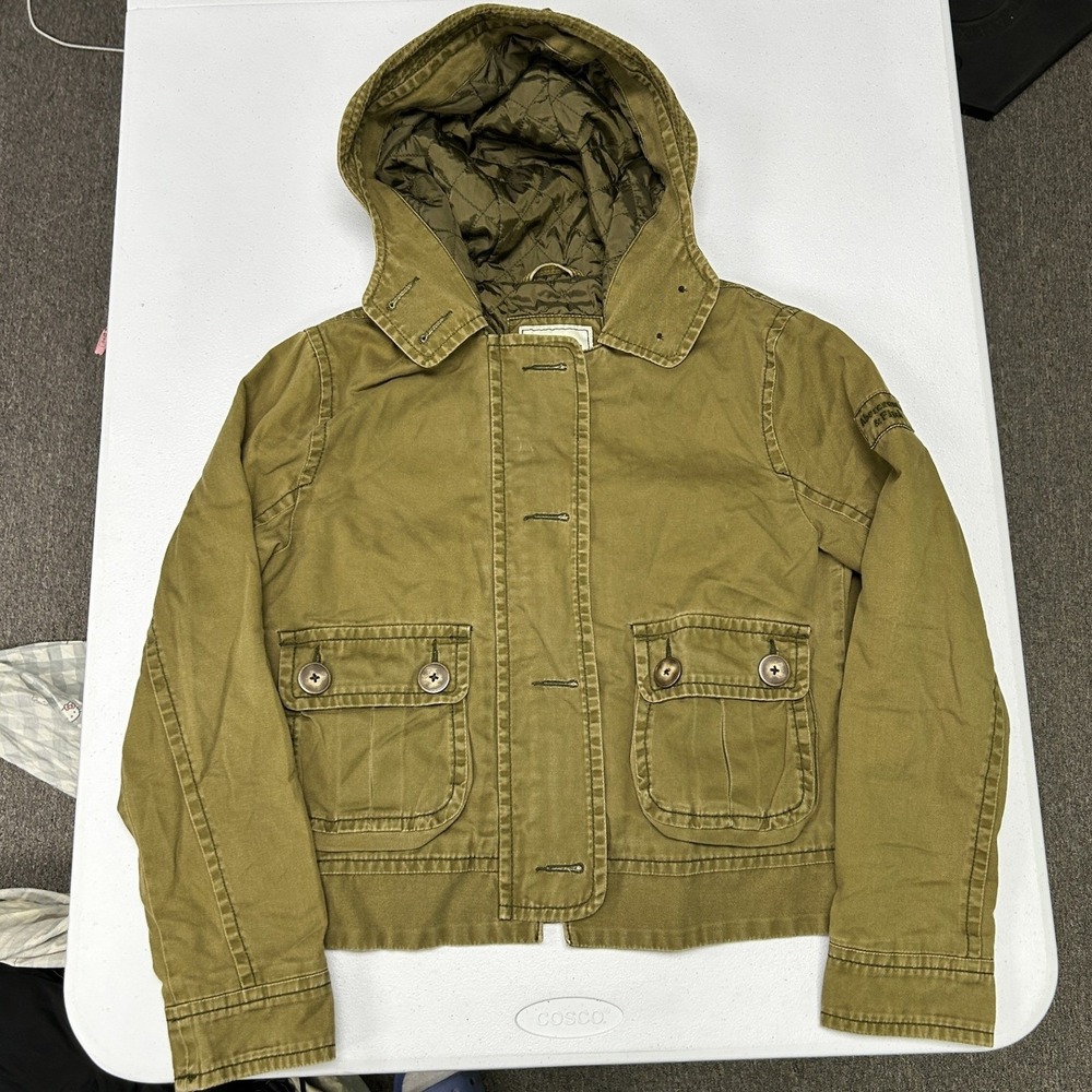 Abercrombie & Fitch Utility Jacket Womens Medium Olive Green Hooded Quilted D3